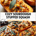 Golden baked stuffed butternut squash filled with sourdough, apple, sage, and sausage on a rustic plate. 26